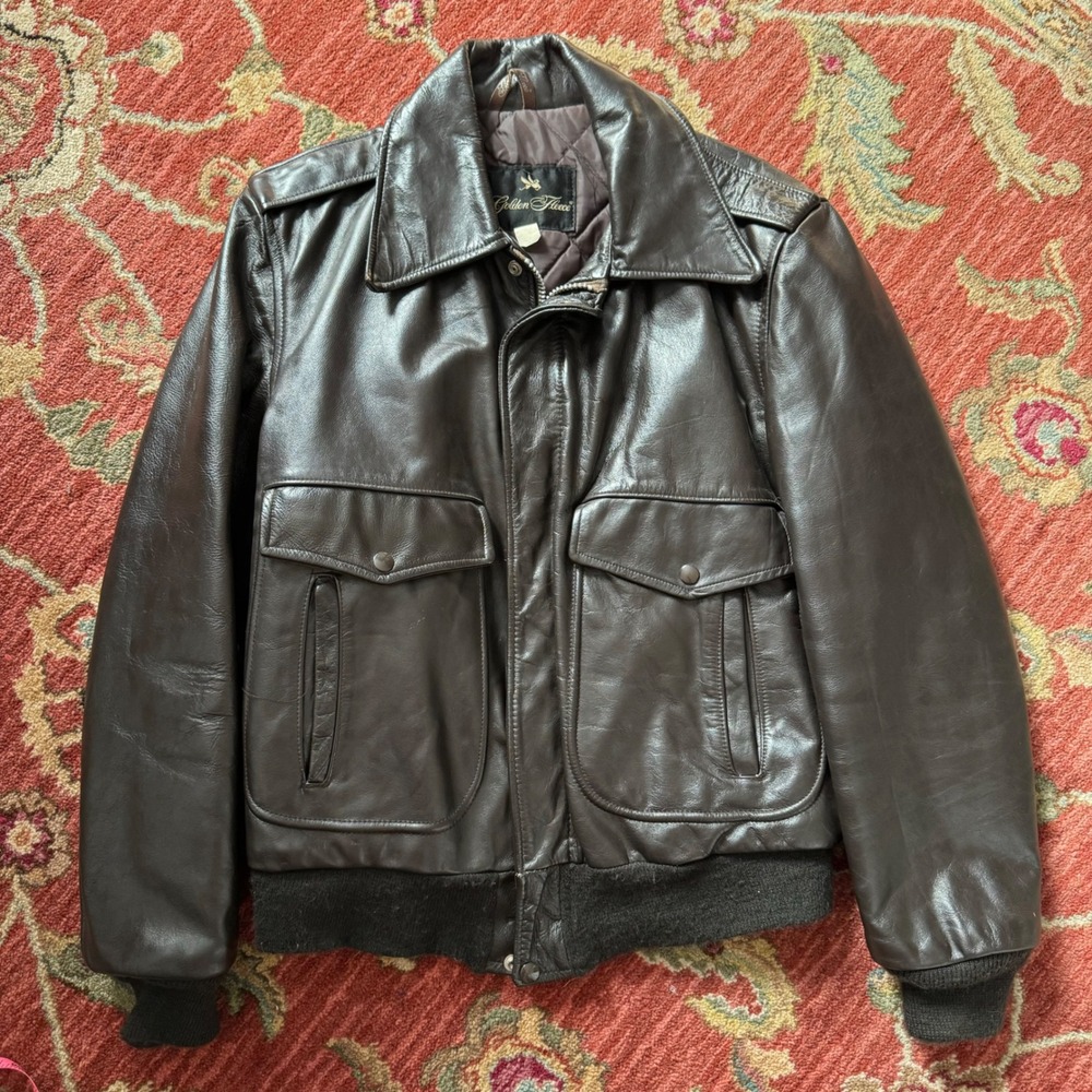 Golden Fleece Mens Brown Leather Flight Bomber Jacket Talon Zip 1970s Medium